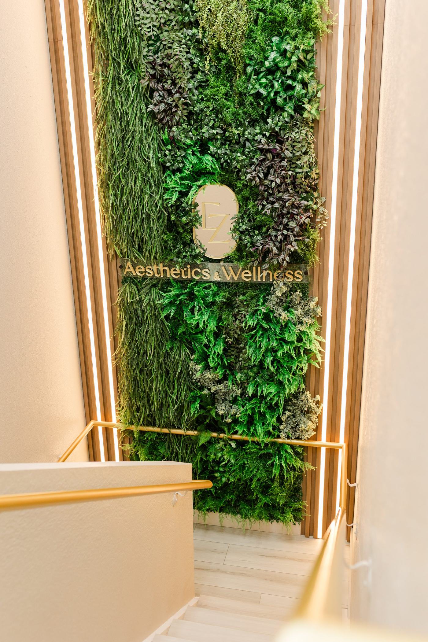 Parede verde da EZ Aesthetics & Wellness — ambiente da clínica em Orlando